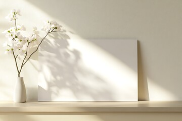 Obraz premium A minimalist scene featuring a blank canvas and a vase of flowers on a shelf.