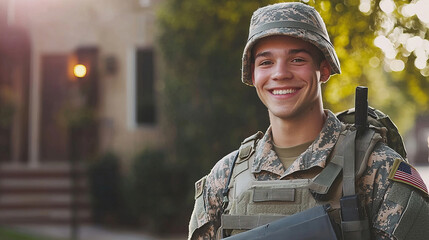 Fototapeta premium Smiling soldier in uniform standing outdoors on a sunny day
