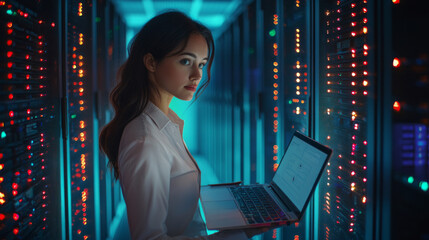 Portrait of a female engineer working in a data server room