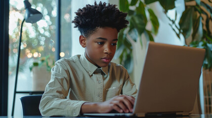Focused teenage boy using laptop in a modern home environment