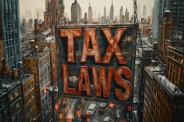 Urban landscape showcasing towering buildings and a striking tax laws sign