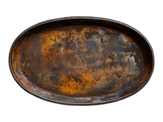 isolated rusty metal plate. Old oval metal sign banner