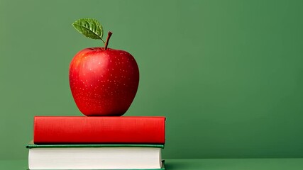 A shiny red apple rests on stacked books against a green background, symbolizing education and teacher appreciation