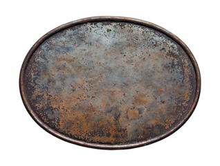 isolated rusty metal plate. Old oval metal sign banner