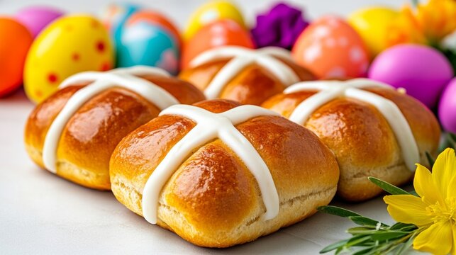 A close-up of hot cross buns with golden-brown crusts and white icing crosses, surrounded by vibrant Easter eggs and fresh spring flowers