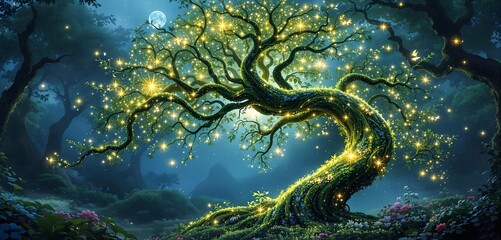 Obraz premium Magical Tree at Night: Glowing tree with sparkling stars and fireflies in an enchanted forest under moon.