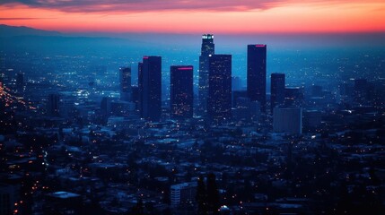 Fototapeta premium City skyline at dusk with illuminated buildings and vibrant sky.
