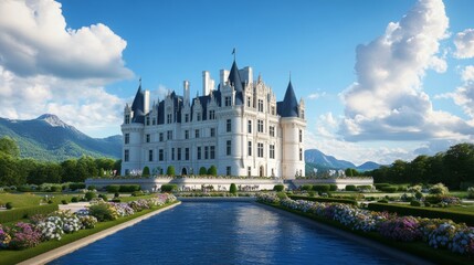 Obraz premium A European castle hosting an elegant Easter event, with hand-painted egg displays, tourists dressed in spring outfits, and gardens in full bloom 