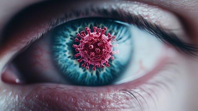 A dramatic close-up of a human eye with an overlay of a bird flu virus structure, symbolizing the spread and impact of avian flu on humans 
