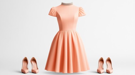 A feminine women’s spring tea dress in pastel peach with a sweetheart neckline, styled with kitten heels and a pearl headband 