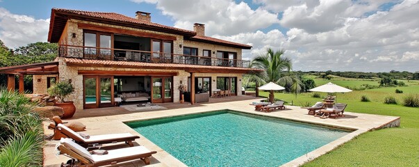 Fototapeta premium Elegant villa with swimming pool and lush garden in bright sunny landscape under dramatic clouded sky
