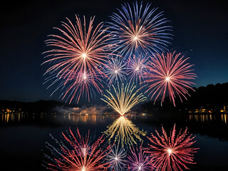 colorful fireworks in night sky with reflection.  New Year and Christmas and festival celebration, Abstract holiday background, 300dpi