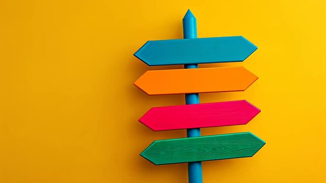 Colorful directional signpost against a bright yellow background symbolizing choices and travel options