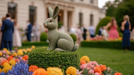 A garden party in a historic estate, with travelers enjoying Easter-themed high tea surrounded by blooming flowers and bunny-shaped topiary sculptures 