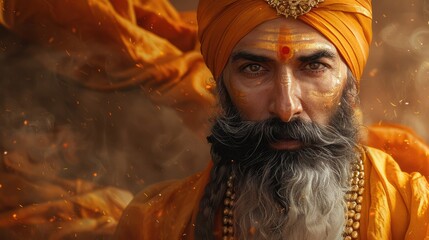 Fototapeta premium Close-up portrait of a serious-looking man with a long gray beard, wearing a vibrant orange turban and traditional clothing, set against a smoky, fiery background.