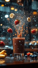 Fresh Fruit Explosion: A vibrant and refreshing burst of flavor as strawberries and bananas splash into a delicious smoothie, creating a captivating moment of pure indulgence.  