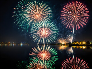 Obraz premium colorful fireworks in night sky with reflection. New Year and Christmas and festival celebration, Abstract holiday background, 300dpi