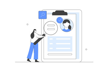 Hiring. Hr manager searching new employee, reading CV and giving job candidate review. Job recruitment process. Character applying for work position. Flat Cartoon Vector Illustration, icon. Stylish 