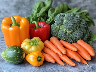 Vibrant Veggie Harvest: A colorful array of fresh, organic vegetables, including carrots, bell peppers, broccoli, and zucchini, displayed on a rustic gray surface.