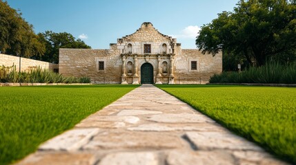 Obraz premium A green screen banner mockup in front of the Alamo in San Antonio, with historic stone walls and cacti in the warm Texas sunlight 