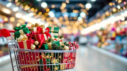 Obraz premium Christmas Shopping Spree: Shopping cart overflowing with Christmas gifts and ornaments in a festive mall.