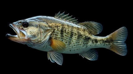 Fototapeta premium Close-up profile view of a speckled freshwater fish, mouth agape, against a black background.