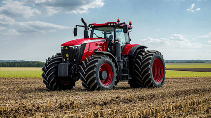 Red tractor stands on plowed field