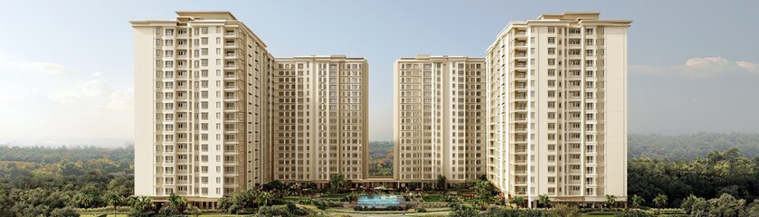 Fototapeta premium Modern Residential Complex with High-Rise Apartments Surrounded by Lush Greenery and Scenic Views