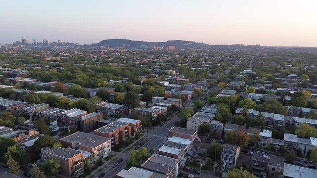 Drone footage of Rosemont village with houses and trees at golden hour