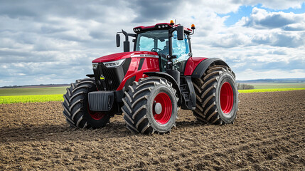 Obraz premium Red tractor stands on plowed field