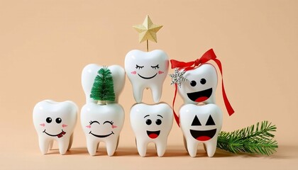 Obraz premium Group of smiling tooth figurines with Christmas-themed decorations, including a star, tree, and ribbons