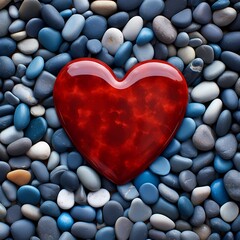 Obraz premium A vibrant glossy red heart rests on a bed of smooth, colorful stones