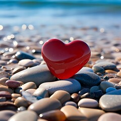Obraz premium Red Glossy Heart On The Beach And Colored Stones | Valentines Day