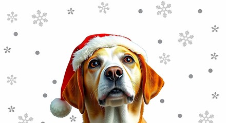 Dog in a New Year's Hat on a White Background with Snowflakes - Close-up

