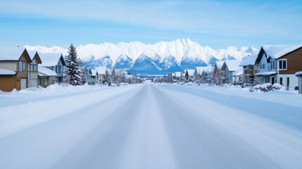 Fototapeta premium A green screen banner mockup set up on the snowy streets of Whitehorse, with cozy wooden houses and snow-capped mountains in the distance 