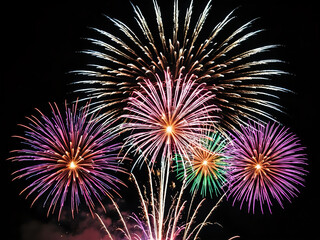 Obraz premium colorful fireworks in night sky, New Year and Christmas and festival celebration, Abstract holiday background, 300dpi