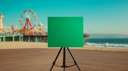 A green screen mockup placed on the Santa Monica Pier in Los Angeles, with colorful carnival rides, ocean waves, and sunny skies in the background 