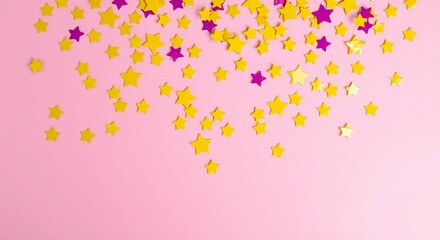 Yellow and Purple Star-Shaped Confetti on a Pink Background

