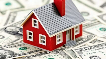 Model house on dollar bills representing real estate investment and financial growth in the housing market