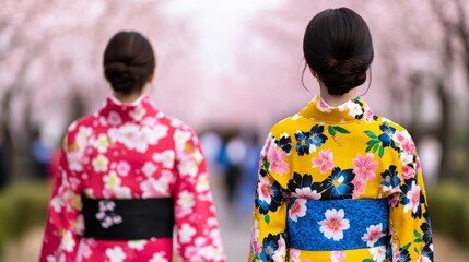 Obraz premium A lively spring festival in Japan featuring cherry blossoms in full bloom, colorful kimonos, and travelers enjoying traditional food stalls 
