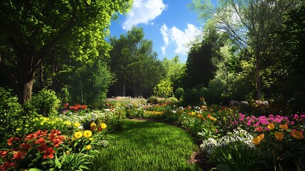 Obraz premium A vibrant garden scene filled with colorful flowers and lush greenery under a blue sky.