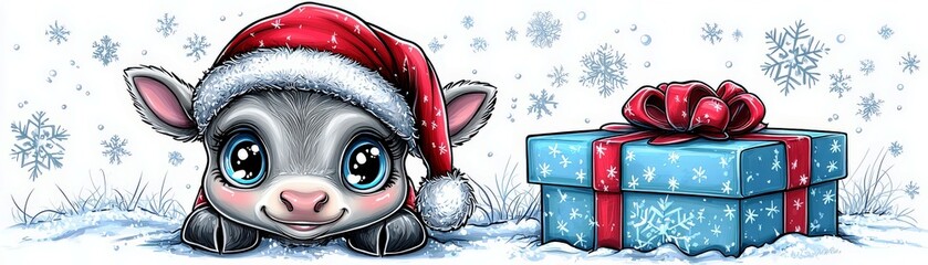 Fototapeta premium Cute Cartoon Cow Wearing Christmas Hat with Gift Box and Snowflakes in a Winter Wonderland Scene