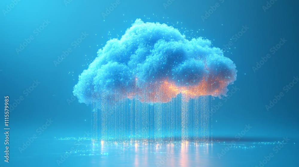 Poster digital cloud with data rain and glowing lights, futuristic concept