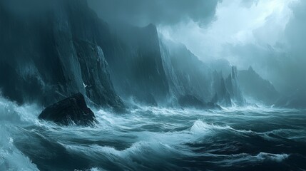 Obraz premium A lone bird flies over a tumultuous sea as dark cliffs rise in the distance.