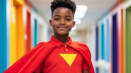 A patient at St Jude dressed as a superhero with a cape, posing confidently in a colorful hospital hallway decorated with inspiring messages 