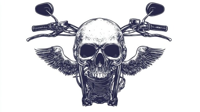 Skull with motorcycle handlebars and wings.