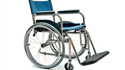 An empty manual wheelchair with a blue seat and black tires, viewed from a side angle with the footrest extended, isolated on a white background.
