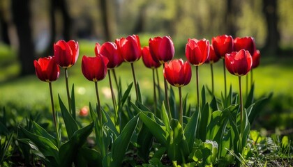 Obraz premium A vibrant display of red tulips blooming in a sunny garden.