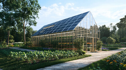 A solar-powered greenhouse that uses solar panels to provide energy for climate control, enabling year-round vegetable production in harsh climates.