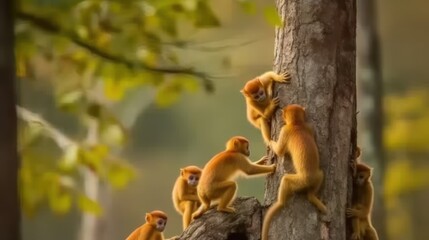 Fototapeta premium A group of monkeys climbing and interacting on a tree in a natural setting.